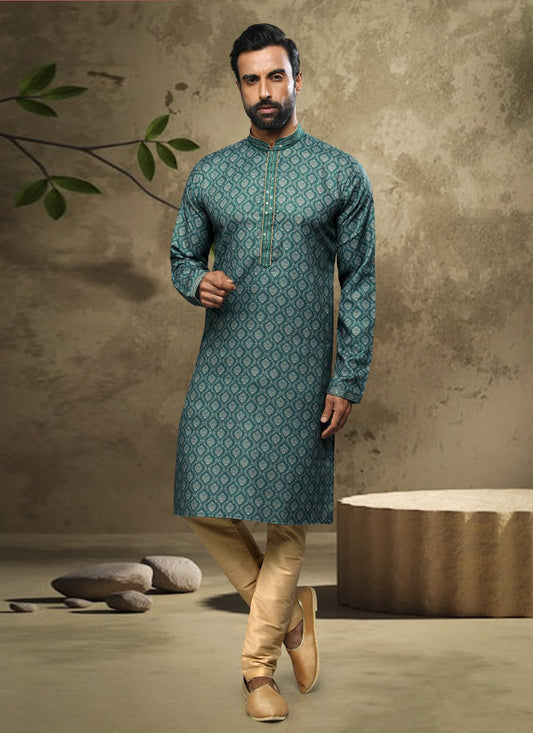 Kurta Pyjama Handloom Cotton Green Digital Print Mens