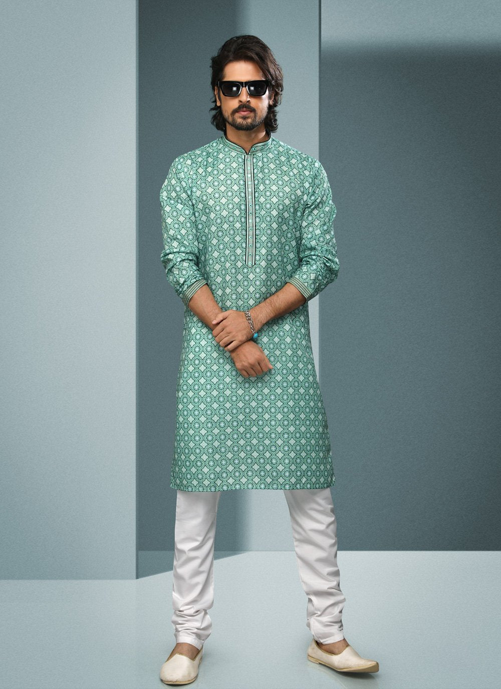 Kurta Pyjama Handloom Cotton Green Digital Print Mens