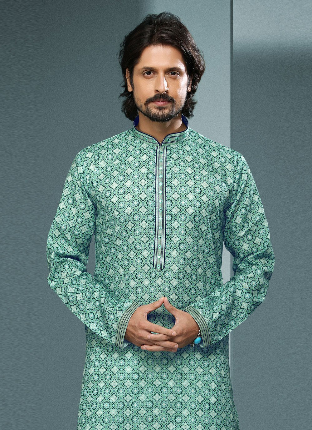 Kurta Pyjama Handloom Cotton Green Digital Print Mens