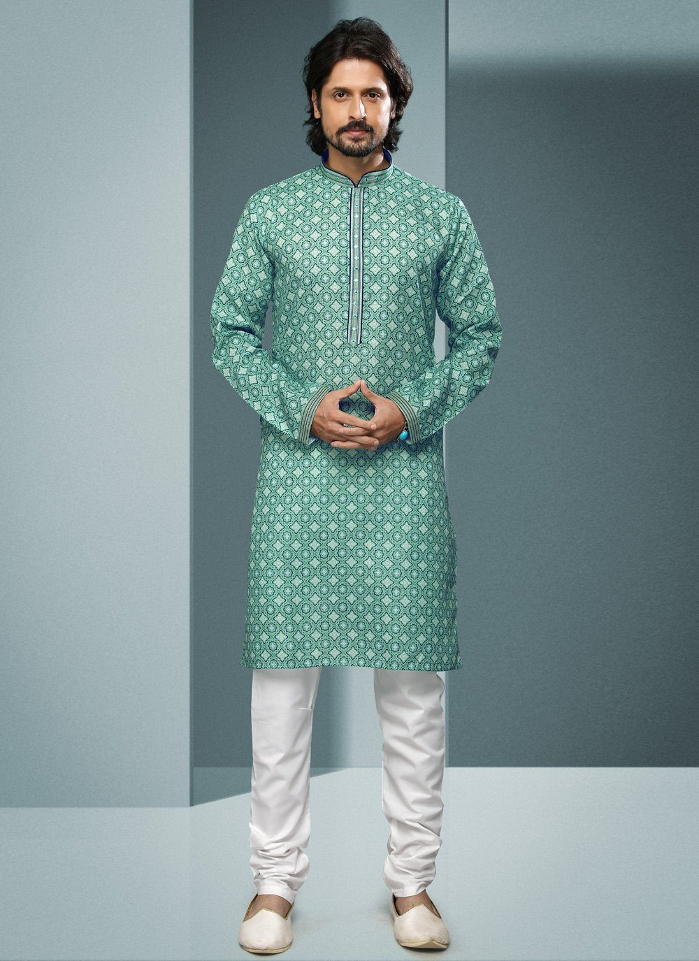 Kurta Pyjama Handloom Cotton Green Digital Print Mens