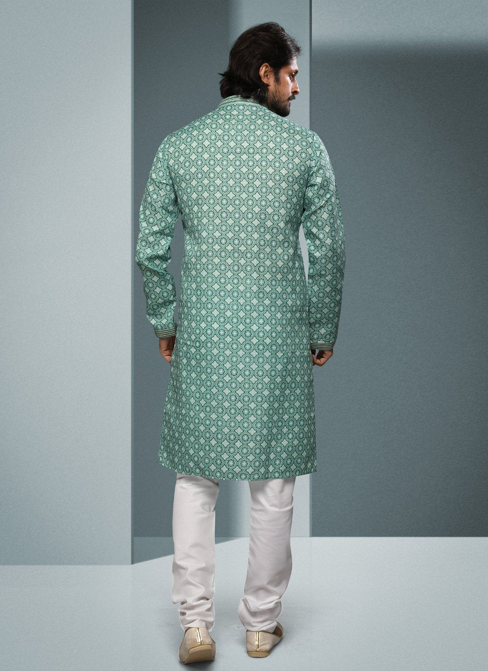 Kurta Pyjama Handloom Cotton Green Digital Print Mens