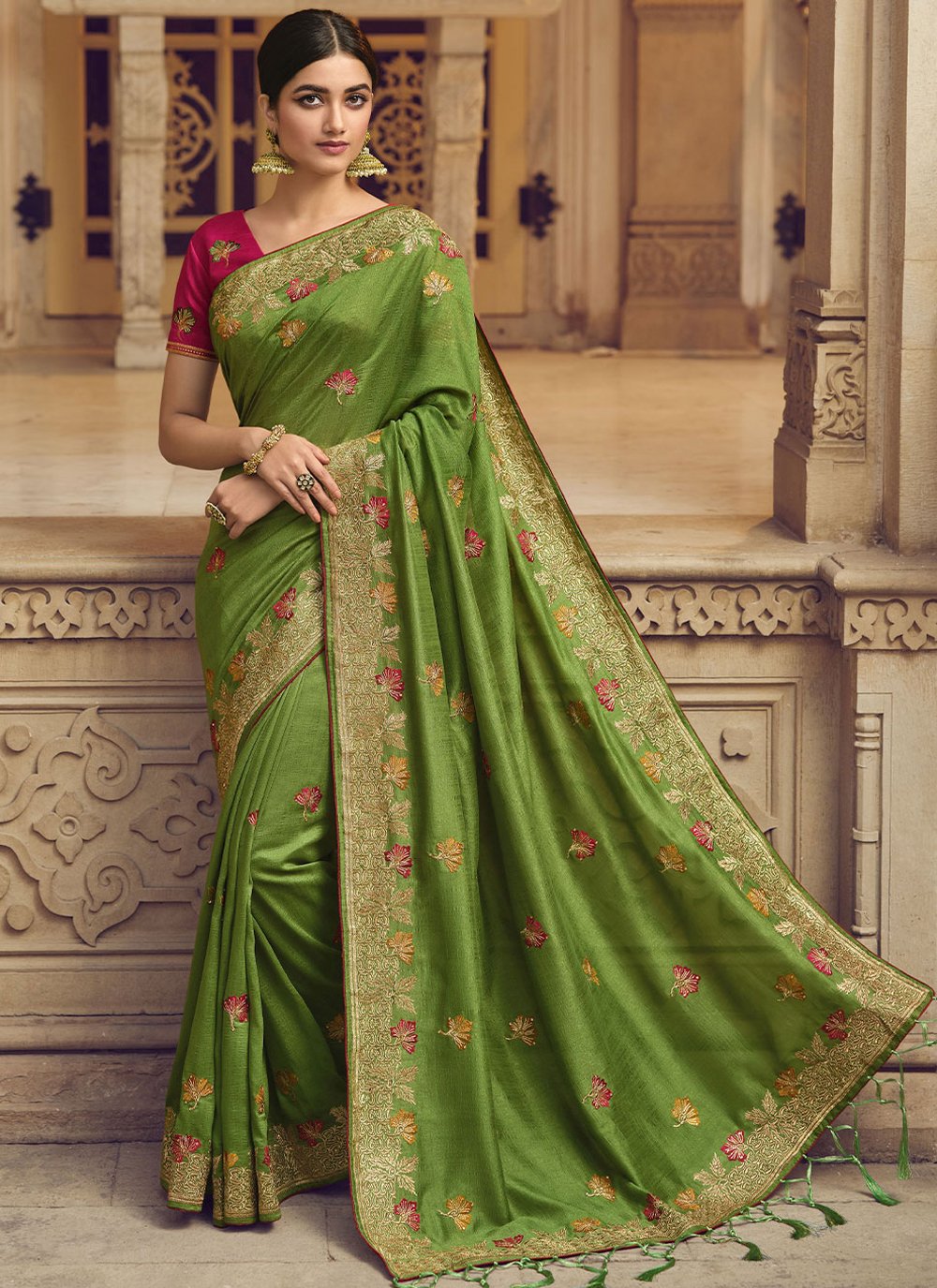 Contemporary Art Silk Green Embroidered Saree