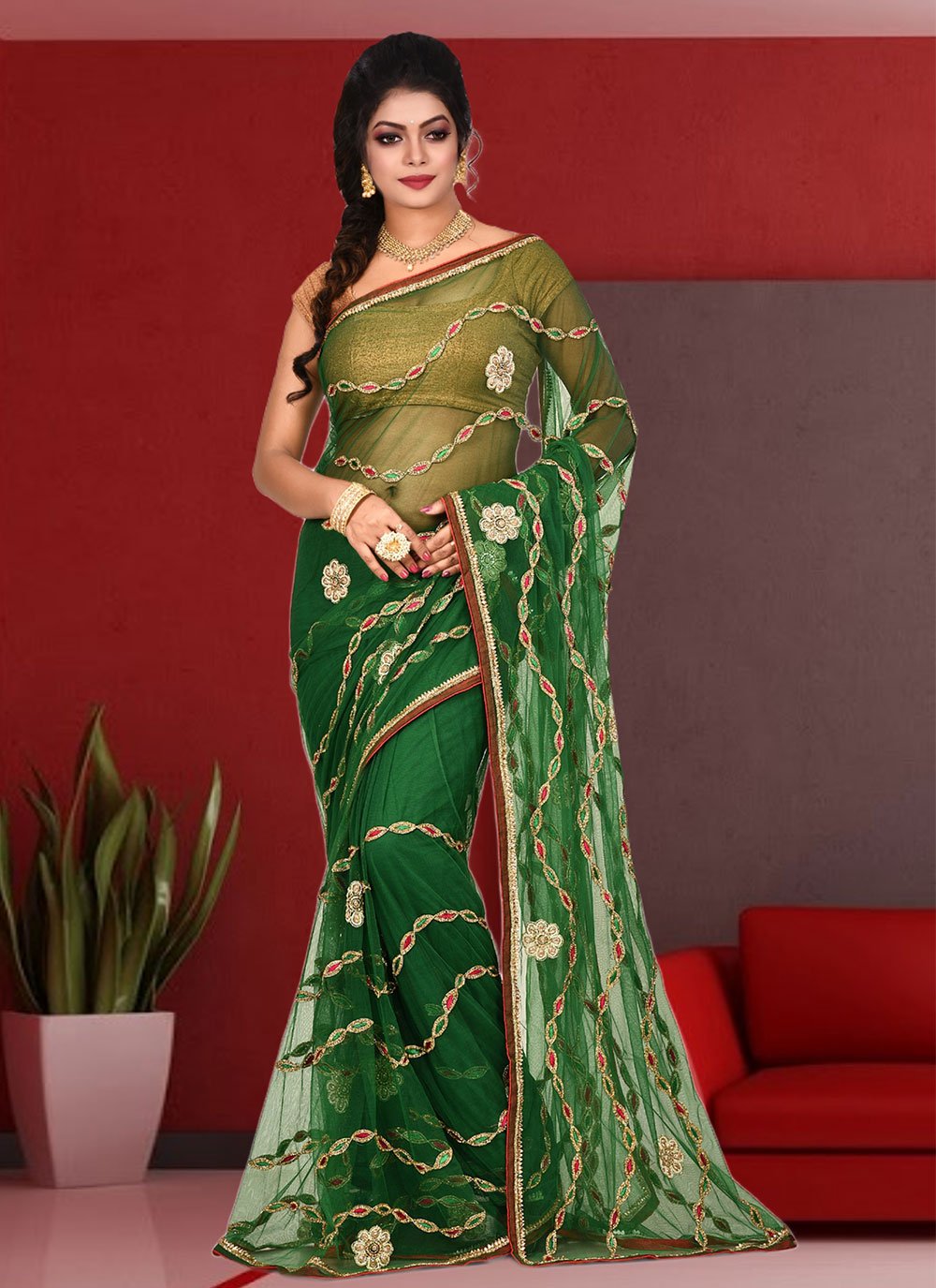 Contemporary Georgette Green Hand Work Saree