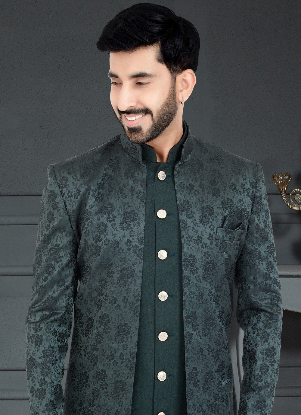 Indo Western Jacquard Green Weaving Mens