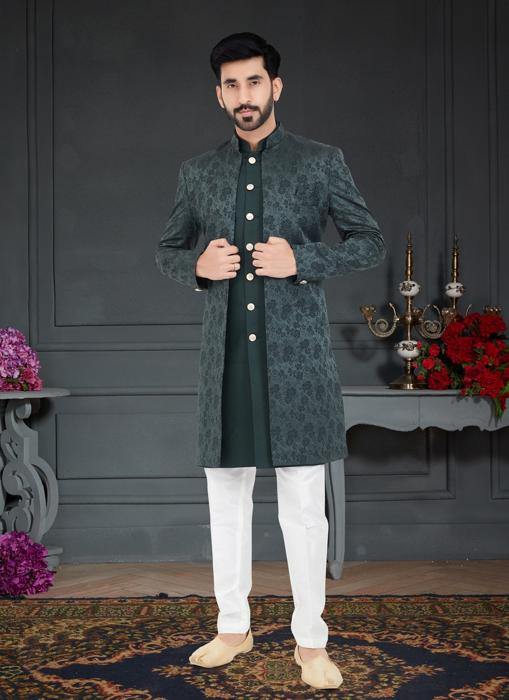 Indo Western Jacquard Green Weaving Mens