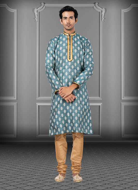 Kurta Pyjama Jacquard Green Fancy Work Mens