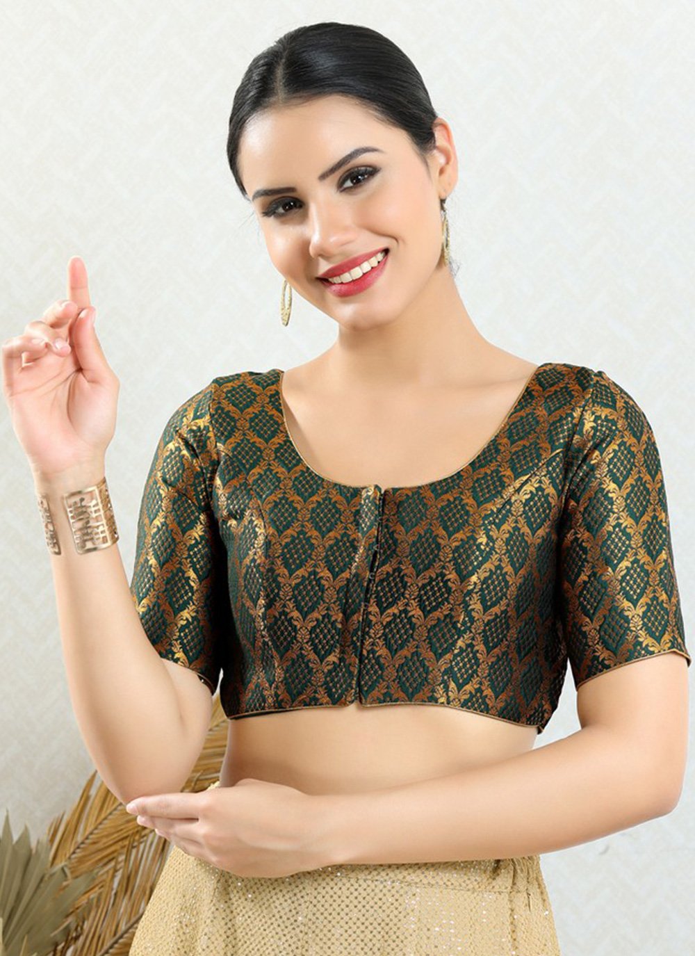 Designer Blouse Jacquard Green Jacquard Work Blouse