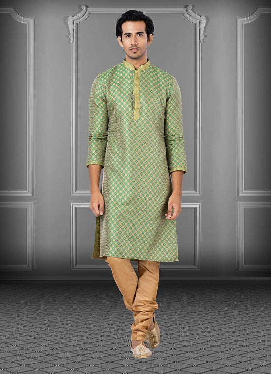 Kurta Pyjama Jacquard Green Fancy Work Mens