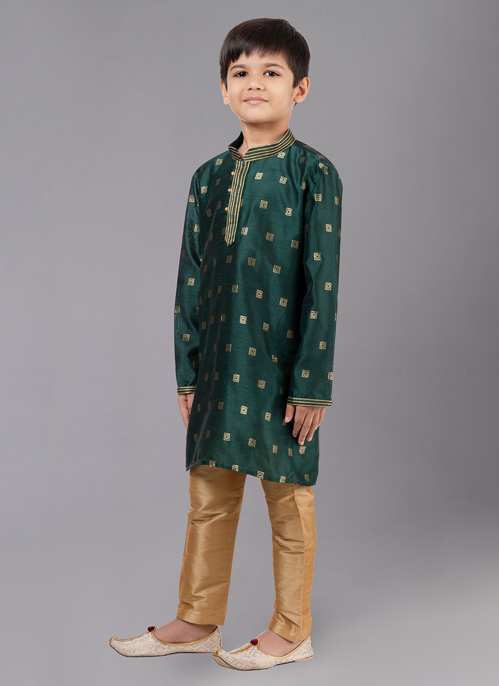 Kurta Pyjama Dupion Silk Jacquard Green Fancy Work Kids