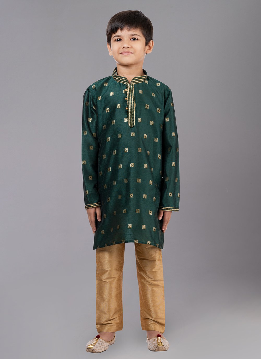 Kurta Pyjama Dupion Silk Jacquard Green Fancy Work Kids