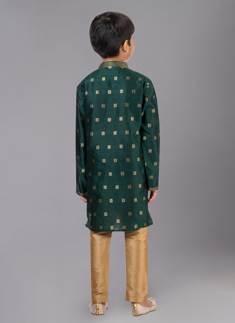 Kurta Pyjama Dupion Silk Jacquard Green Fancy Work Kids