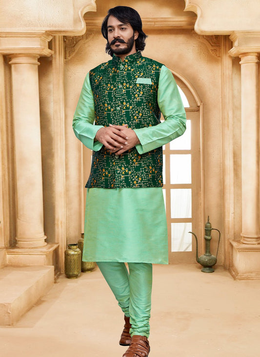 Kurta Payjama With Jacket Art Silk Jacquard Green Digital Print Mens