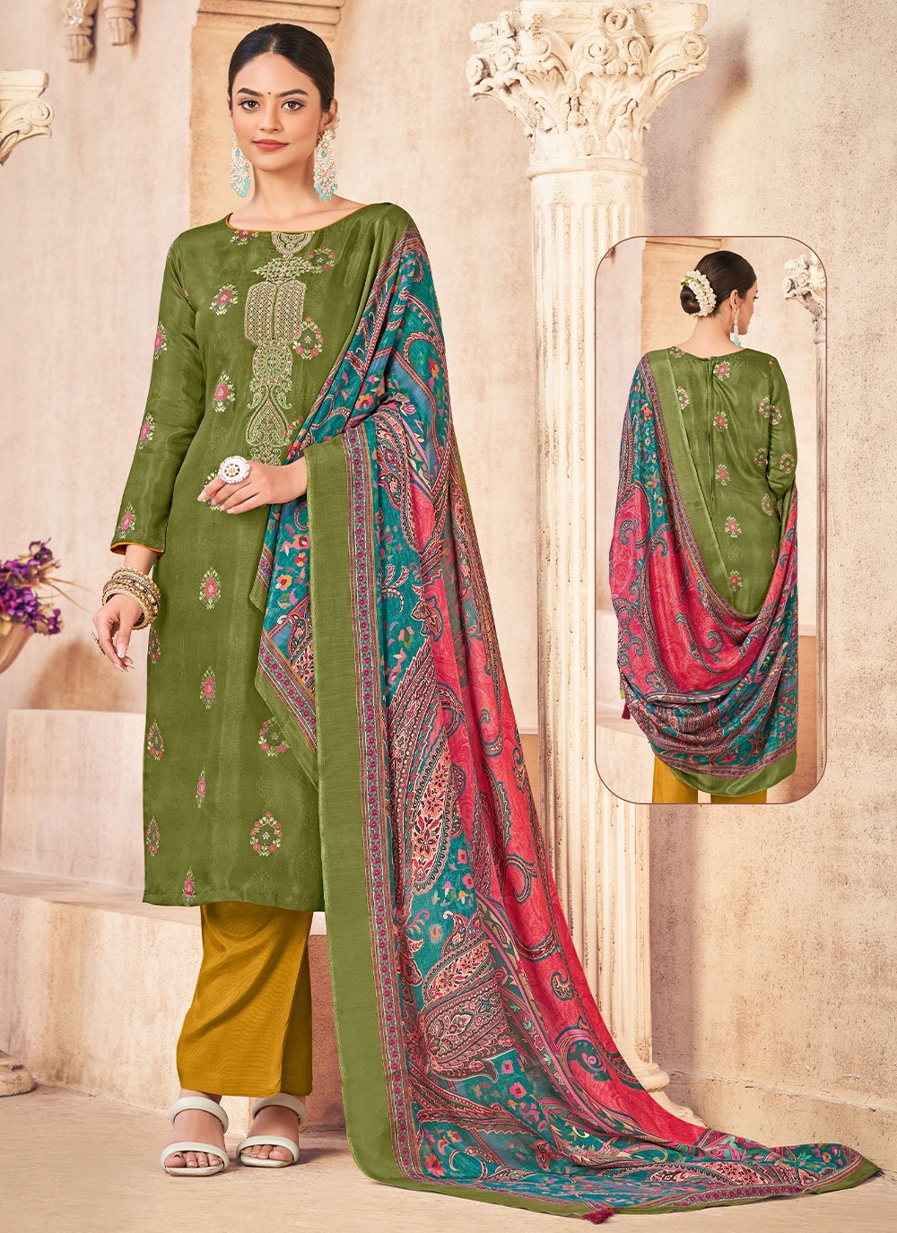 Salwar Suit Jacquard Muslin Green Embroidered Salwar Kameez