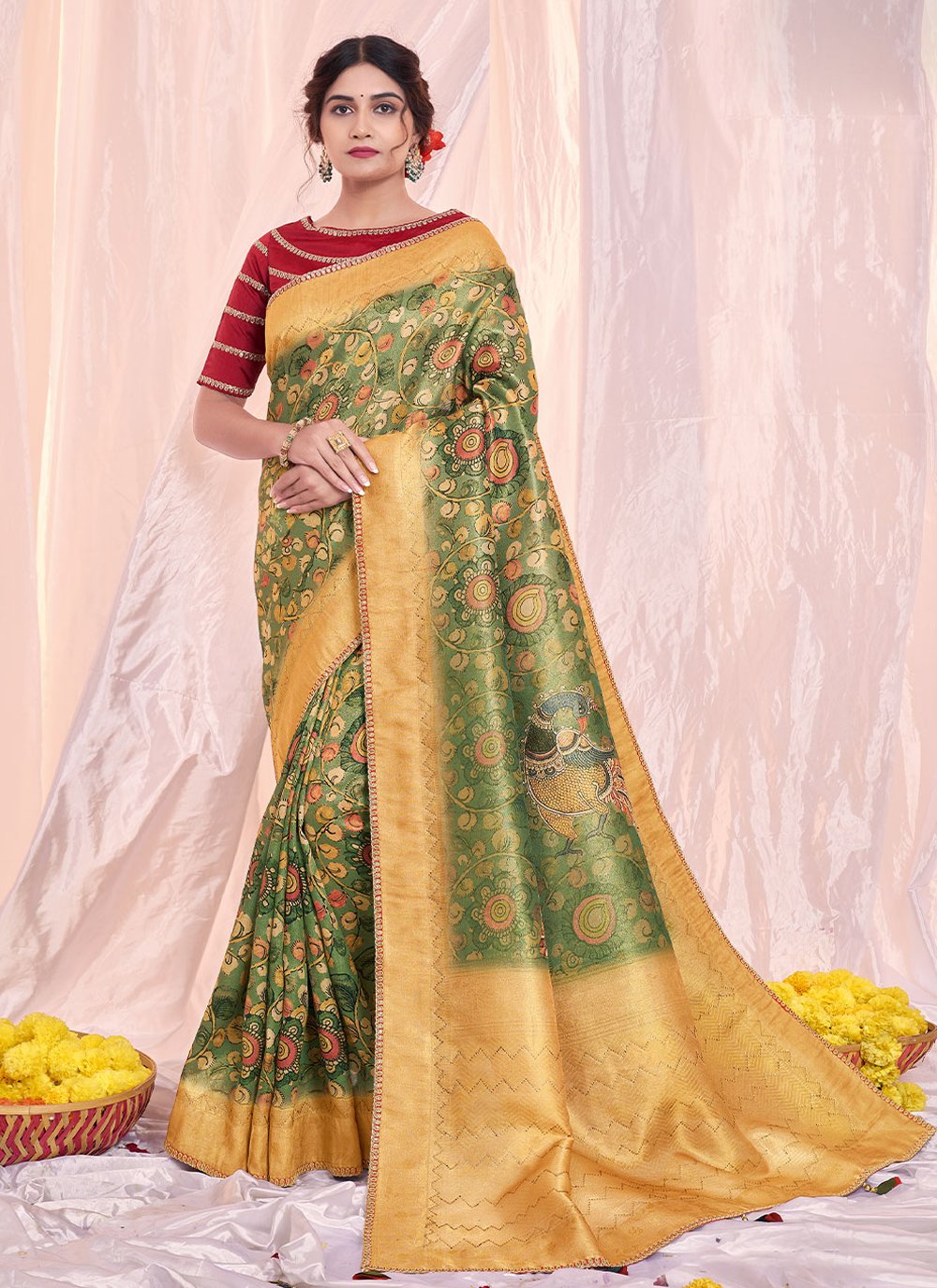 Trendy Saree Jacquard Tissue Green Print Saree