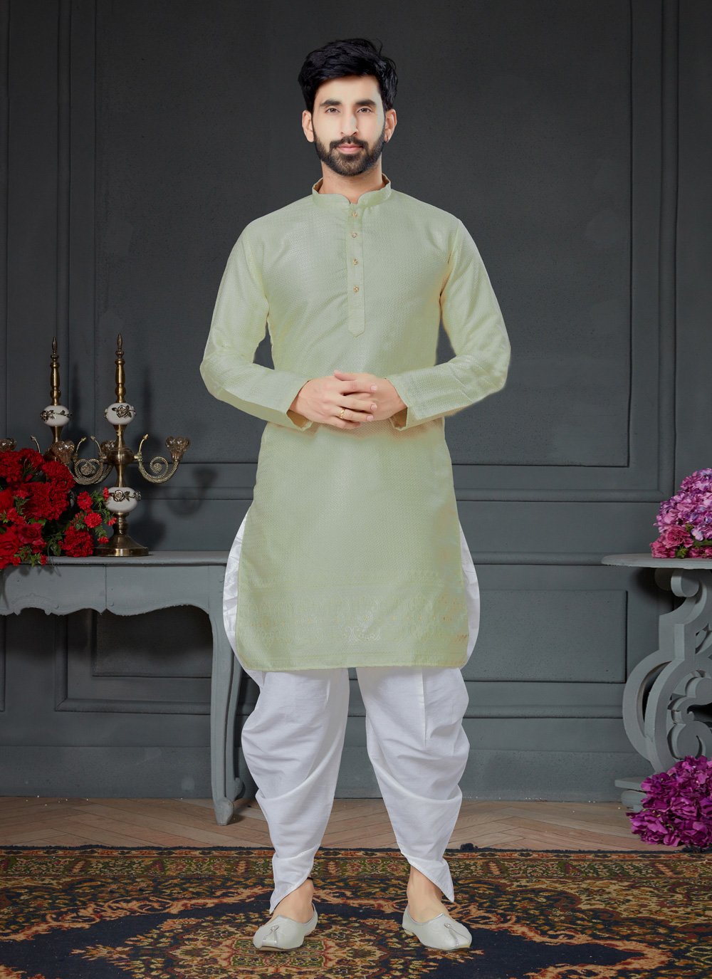 Dhoti Kurta Silk Green Jacquard Work Mens