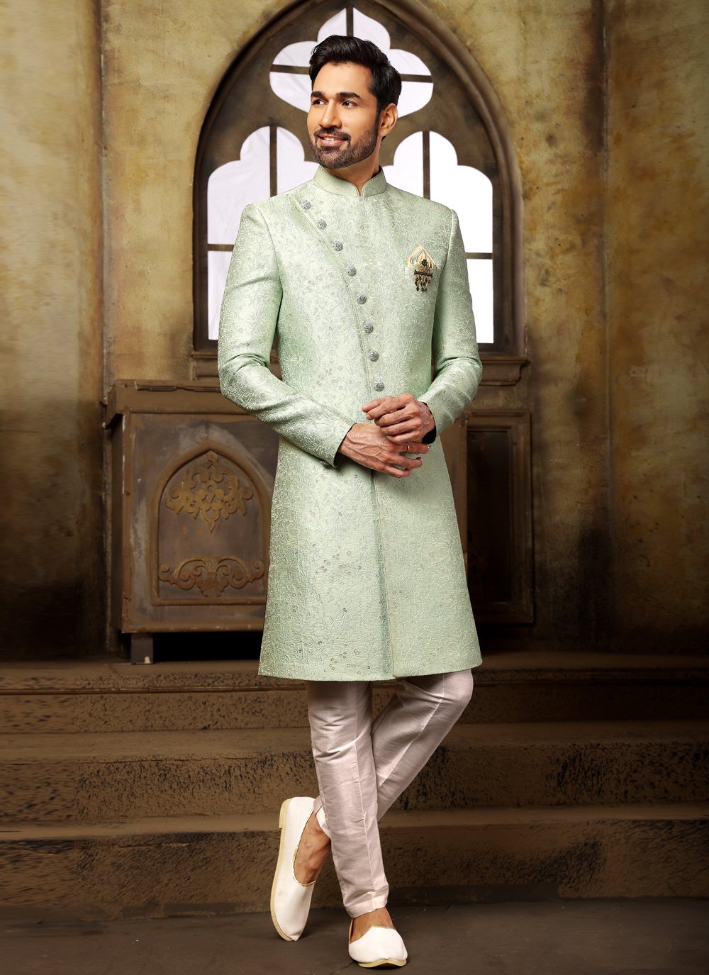 Indo Western Imported Jacquard Green Jacquard Work Mens