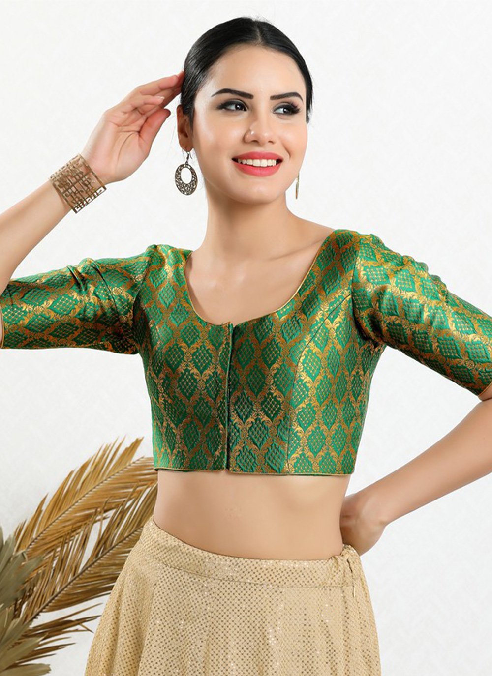 Blouse Jacquard Green Jacquard Work Blouse