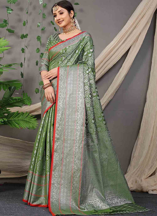 Designer Banarasi Silk Green Jacquard Work Saree