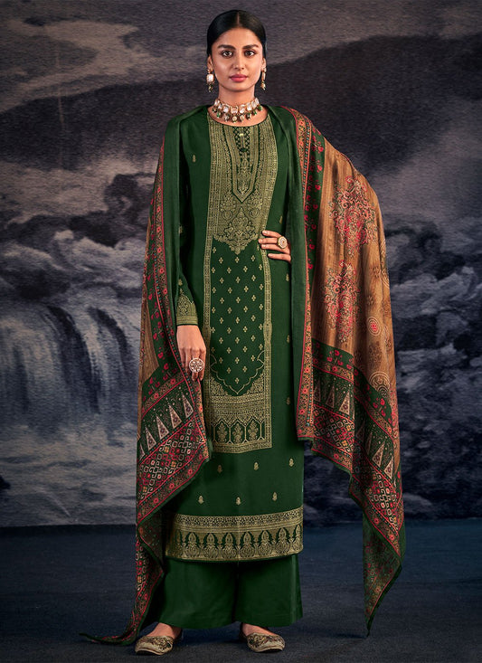 Salwar Suit Pashmina Green Jacquard Work Salwar Kameez