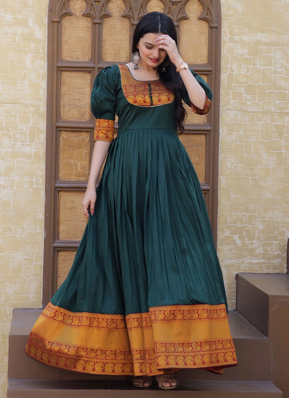 Designer Gown Silk Green Jacquard Work Gown