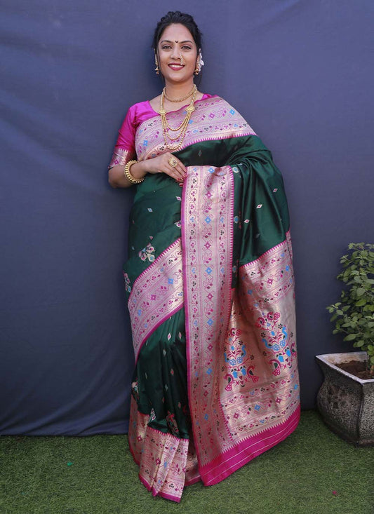 Trendy Saree Banarasi Silk Green Jacquard Work Saree