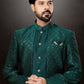 Indo Western Sherwani Dupion Silk Jacquard Green Embroidered Mens