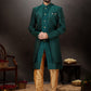 Indo Western Sherwani Dupion Silk Jacquard Green Embroidered Mens