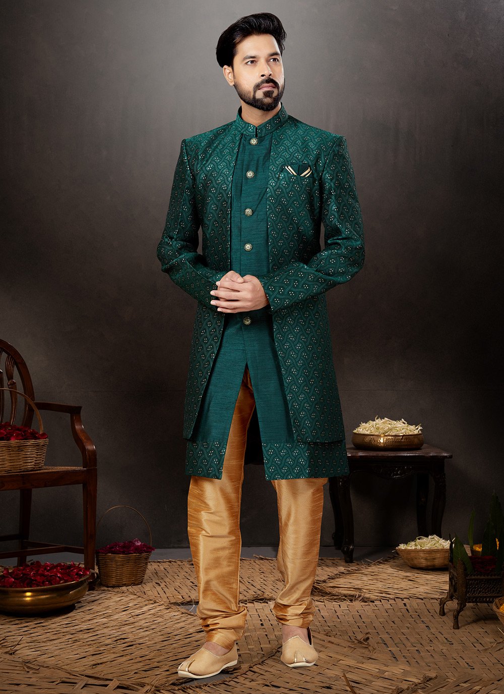 Indo Western Sherwani Dupion Silk Jacquard Green Embroidered Mens