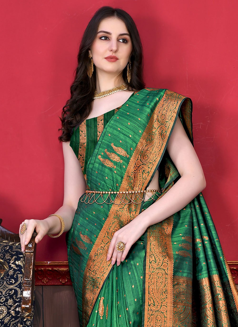 Classic Katan Silk Green Patch Border Saree