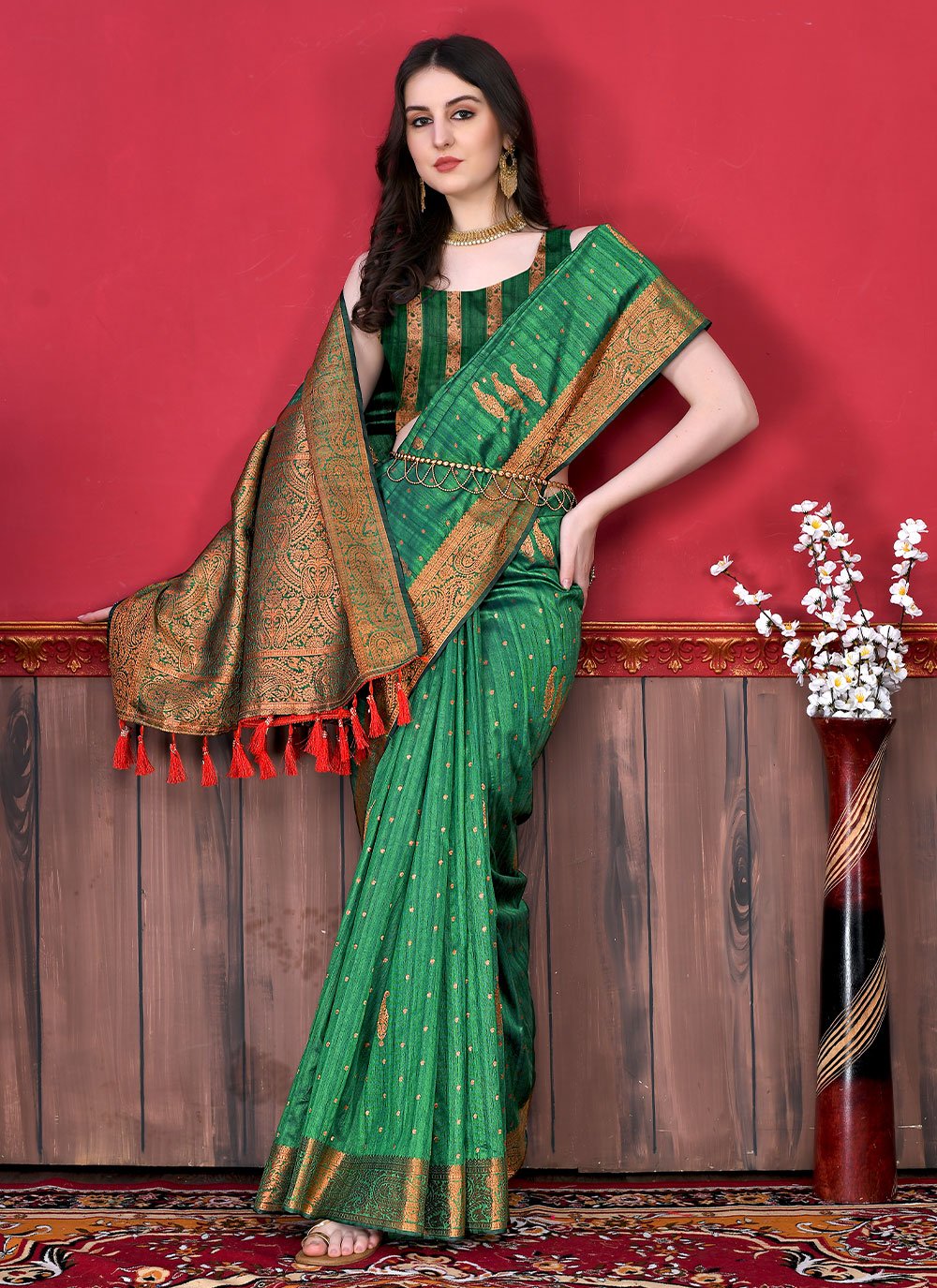 Classic Katan Silk Green Patch Border Saree