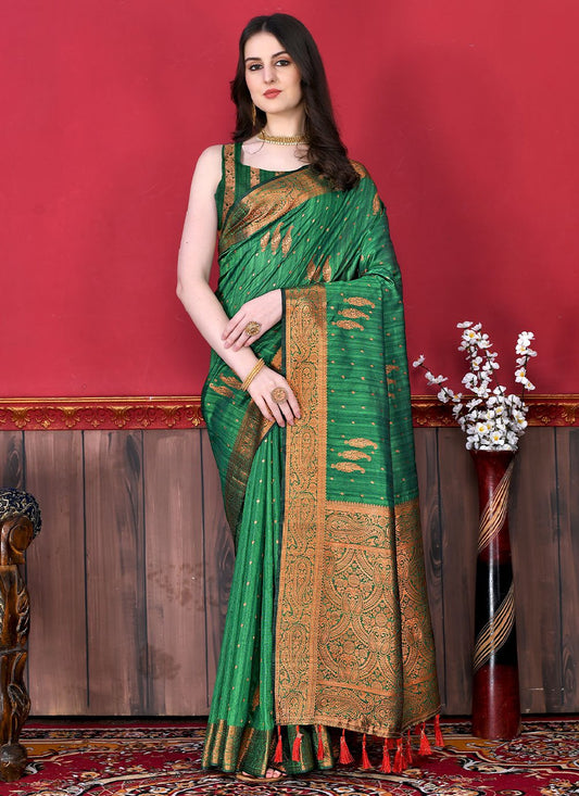 Classic Katan Silk Green Patch Border Saree