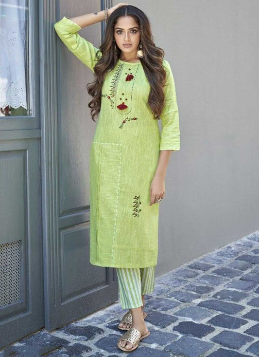 Casual Kurti Cotton Khadi Green Embroidered Kurtis