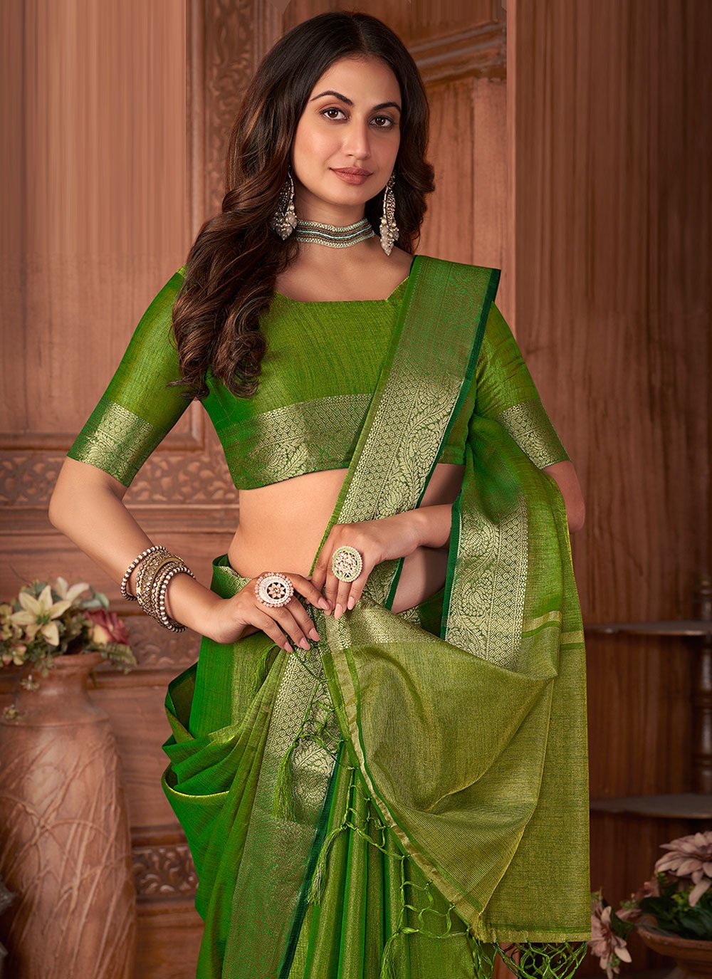 Classic Khadi Silk Linen Green Woven Saree