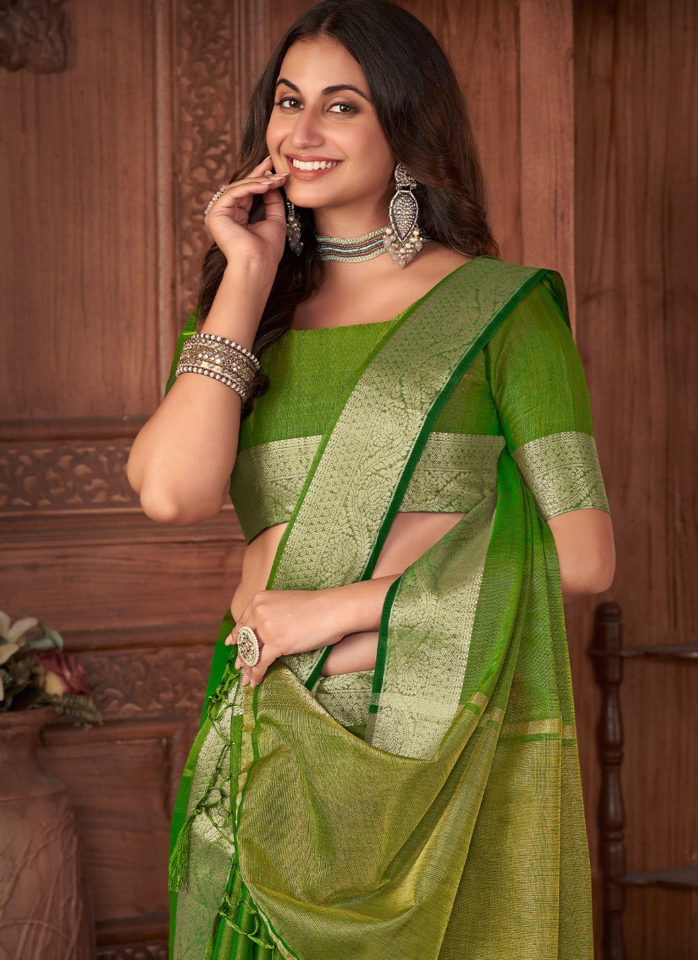 Classic Khadi Silk Linen Green Woven Saree