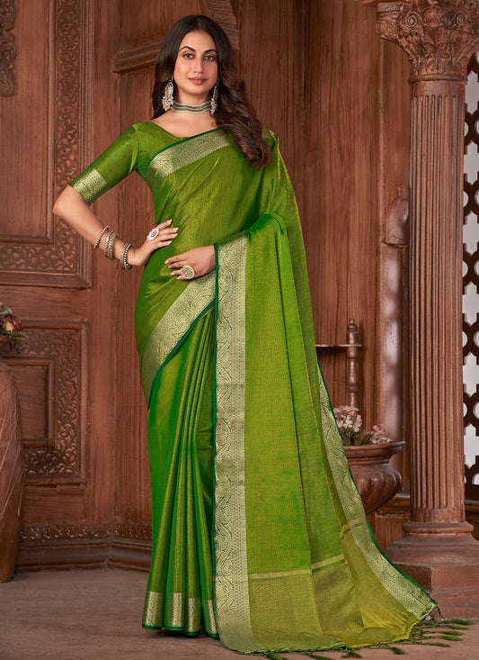 Classic Khadi Silk Linen Green Woven Saree