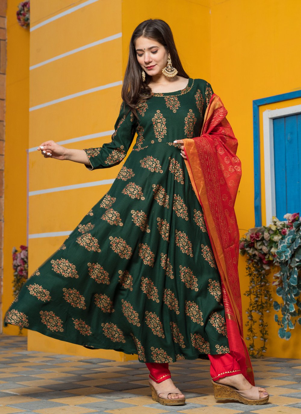 Pant Style Suit Rayon Green Lace Salwar Kameez