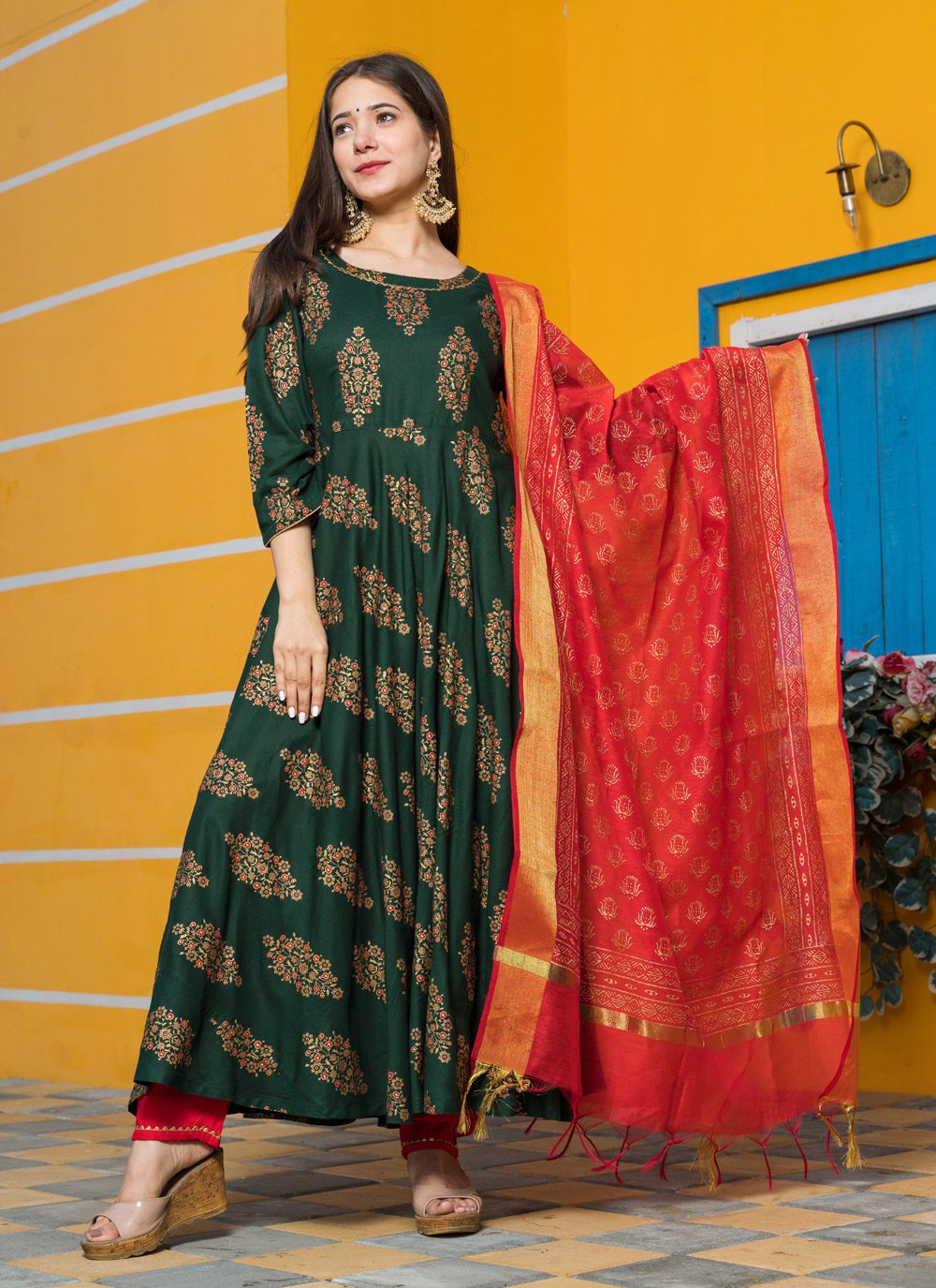 Pant Style Suit Rayon Green Lace Salwar Kameez