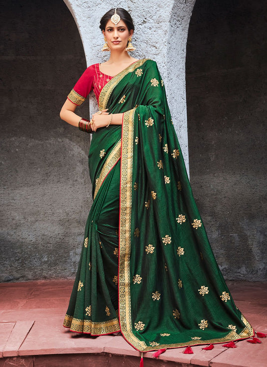 Contemporary Vichitra Silk Green Embroidered Saree