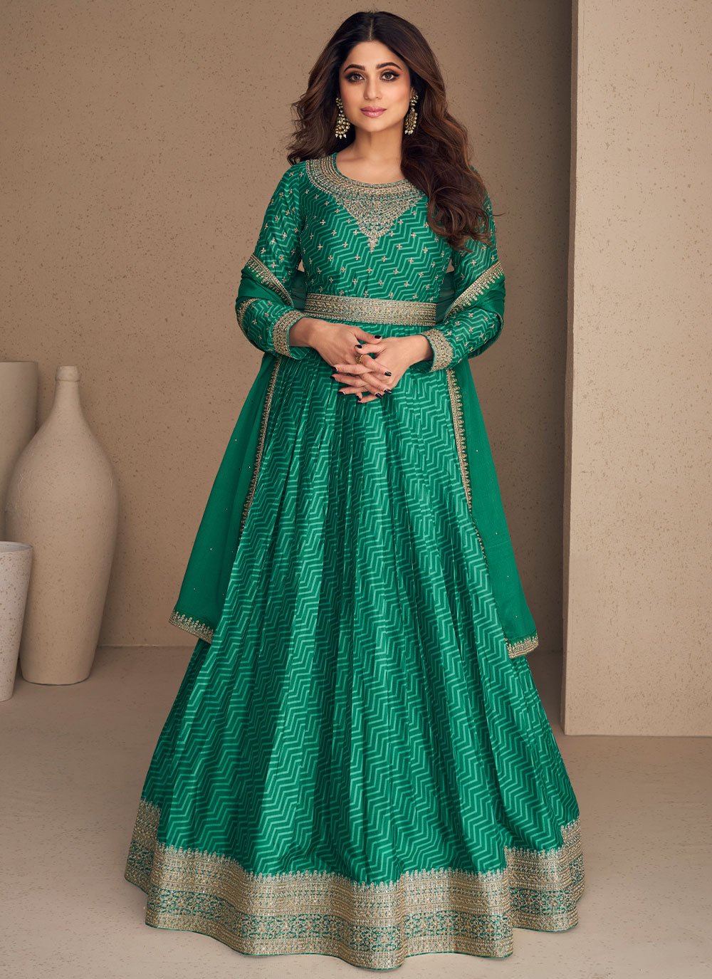 Designer Gown Chinon Silk Green Embroidered Gown