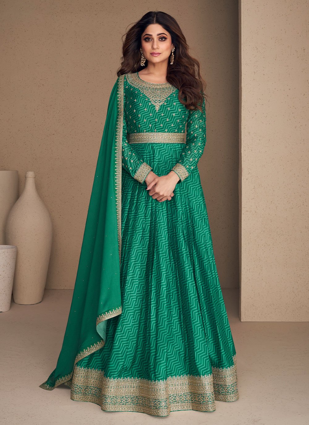 Designer Gown Chinon Silk Green Embroidered Gown