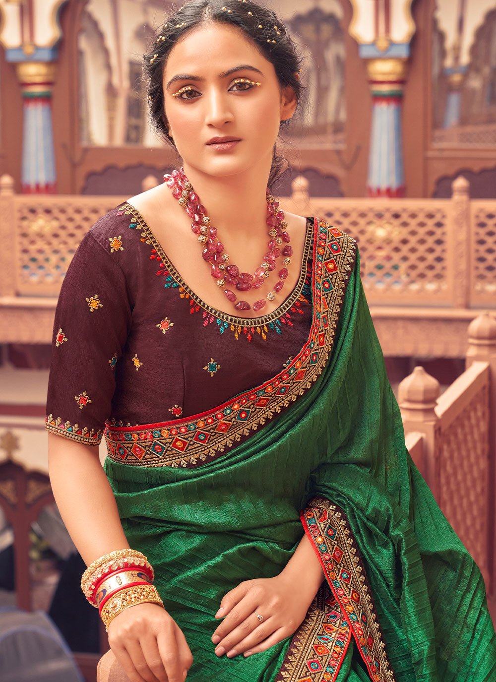 Designer Vichitra Silk Green Embroidered Saree