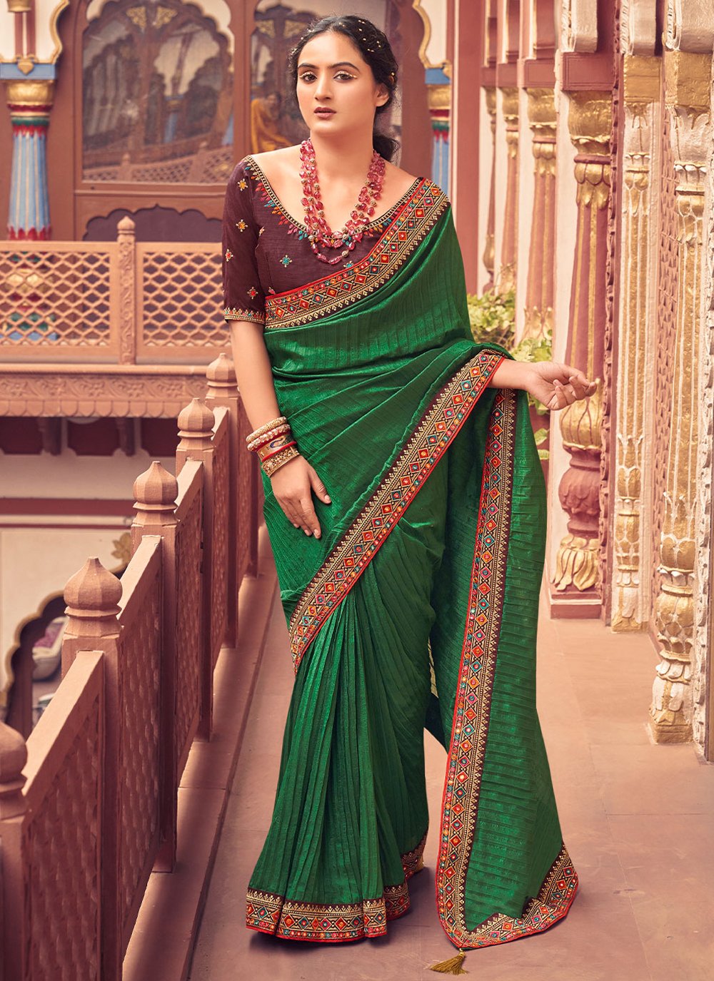 Designer Vichitra Silk Green Embroidered Saree