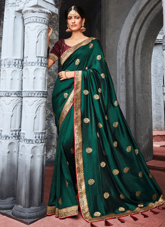 Contemporary Vichitra Silk Green Embroidered Saree