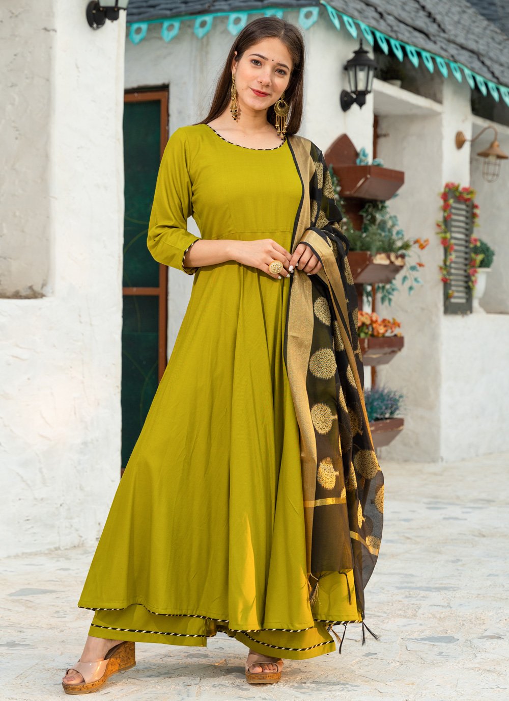 Palazzo Salwar Suit Rayon Green Lace Salwar Kameez