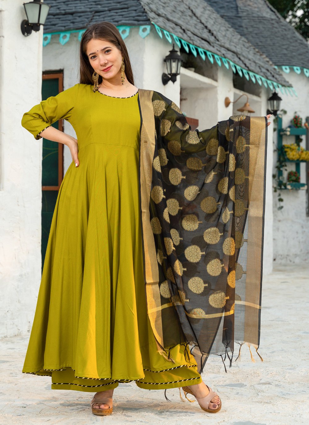 Palazzo Salwar Suit Rayon Green Lace Salwar Kameez