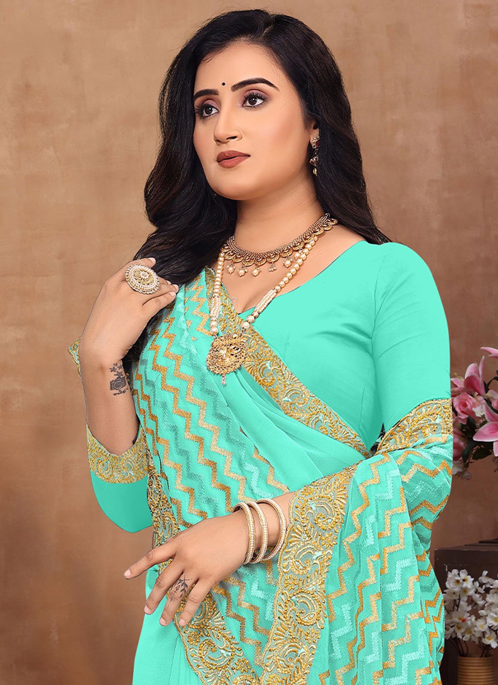 Classic Georgette Green Lace Saree