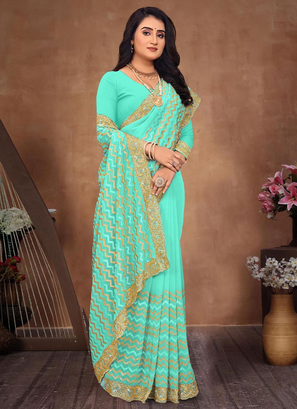 Classic Georgette Green Lace Saree