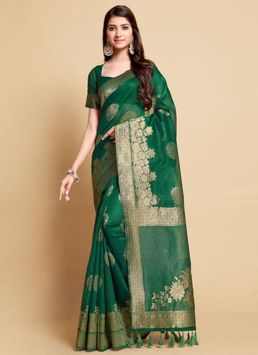 Classic Linen Green Jacquard Work Saree