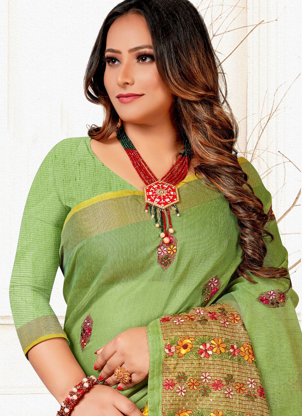 Contemporary Linen Tissue Green Embroidered Saree