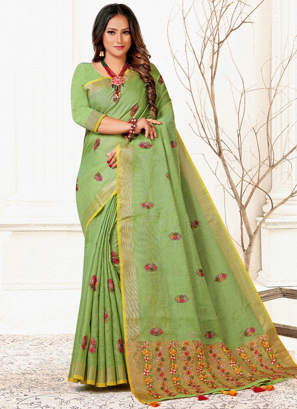 Contemporary Linen Tissue Green Embroidered Saree